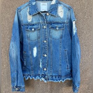 Iris basic & contemporary blue distressed denim jacket frayed hem Women’s Sz S